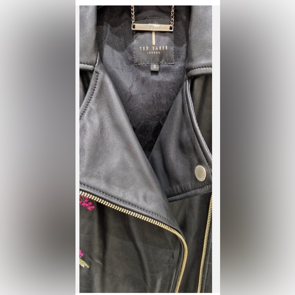 Ted Baker Black Leather Jacket with Floral Embroidery Size 3 equals US Size 8 - Picture 8 of 10